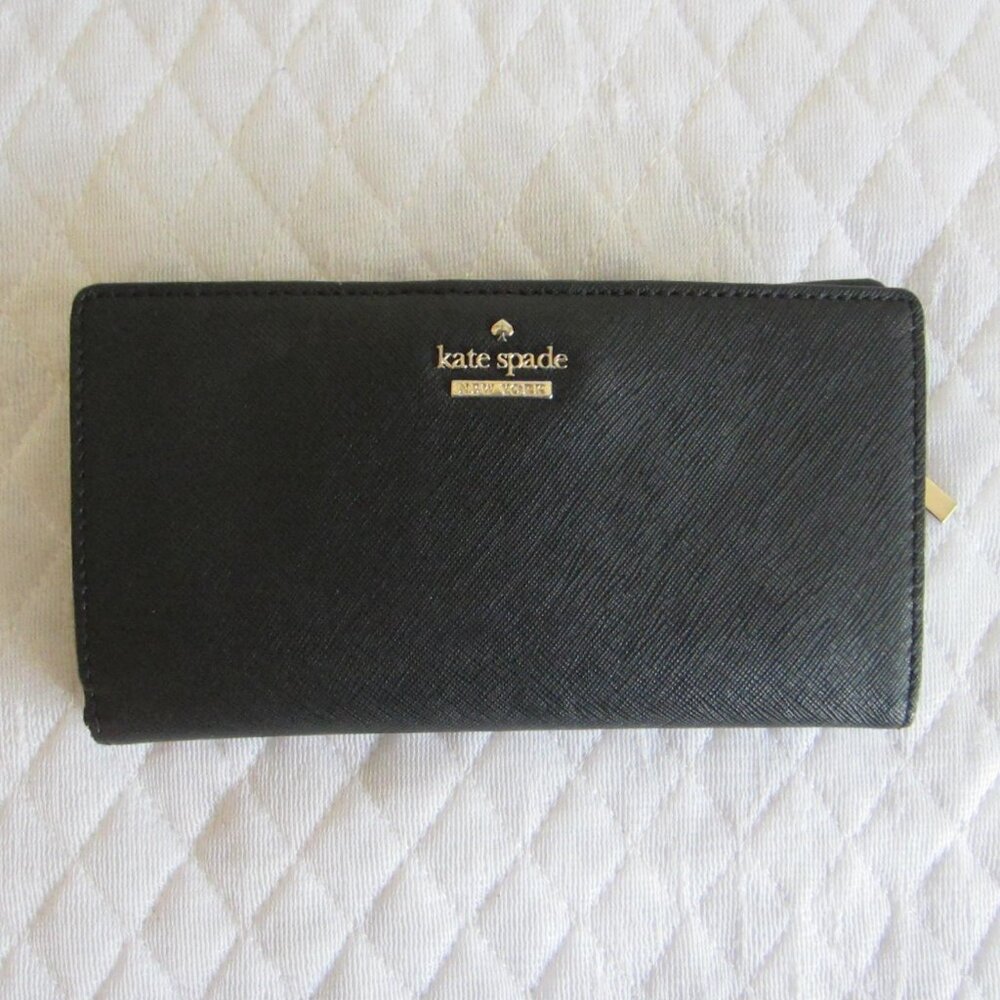 kate spade Black Saffiano Zip Around Wallet with Gold Logo